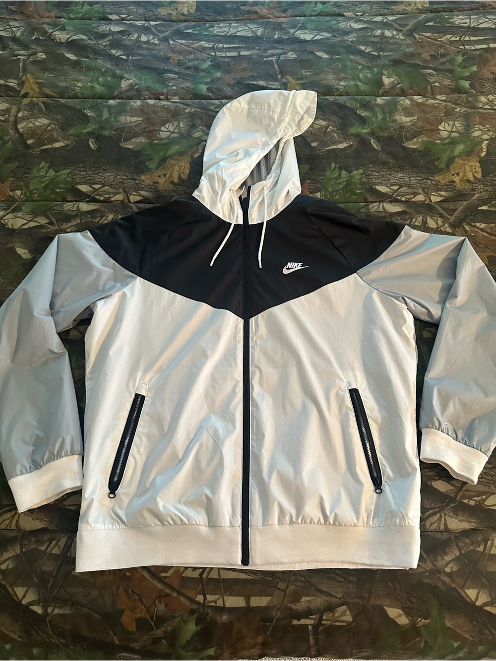 Nike Men’s Hooded Windbreaker Jacket - White, Black, and Gray